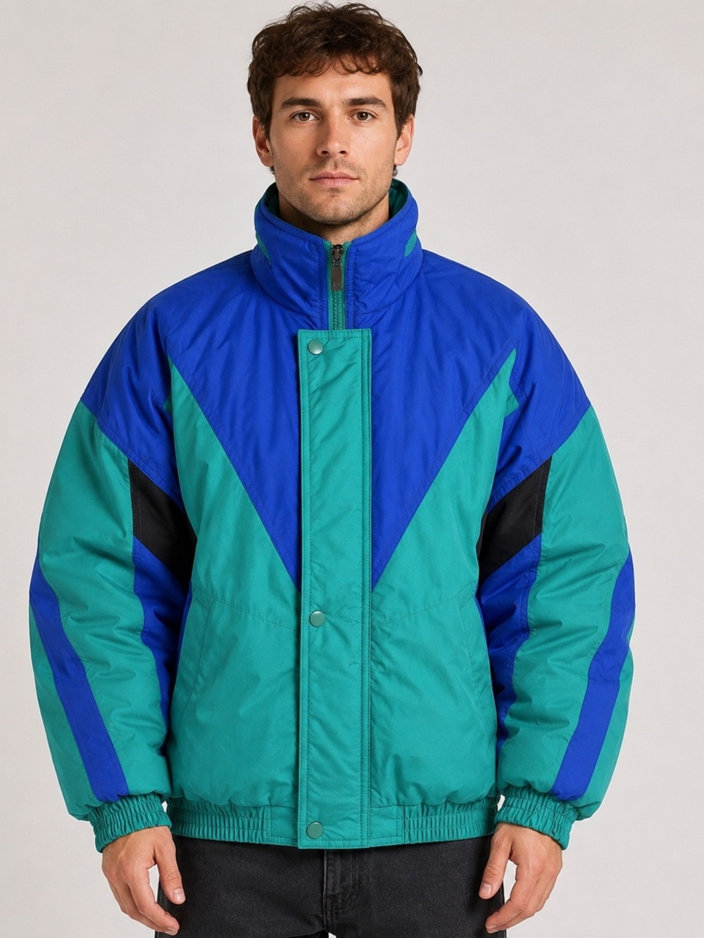 Vintage Steep Slopes Ski Jacket Men’s M Teal Blue Black Colorblock 80s 90s